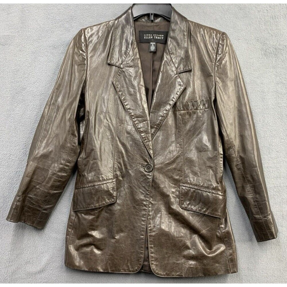 Linda Allard X Ellen Tracy Vintage 100% Brown Leather Jacket Size 6 Petite